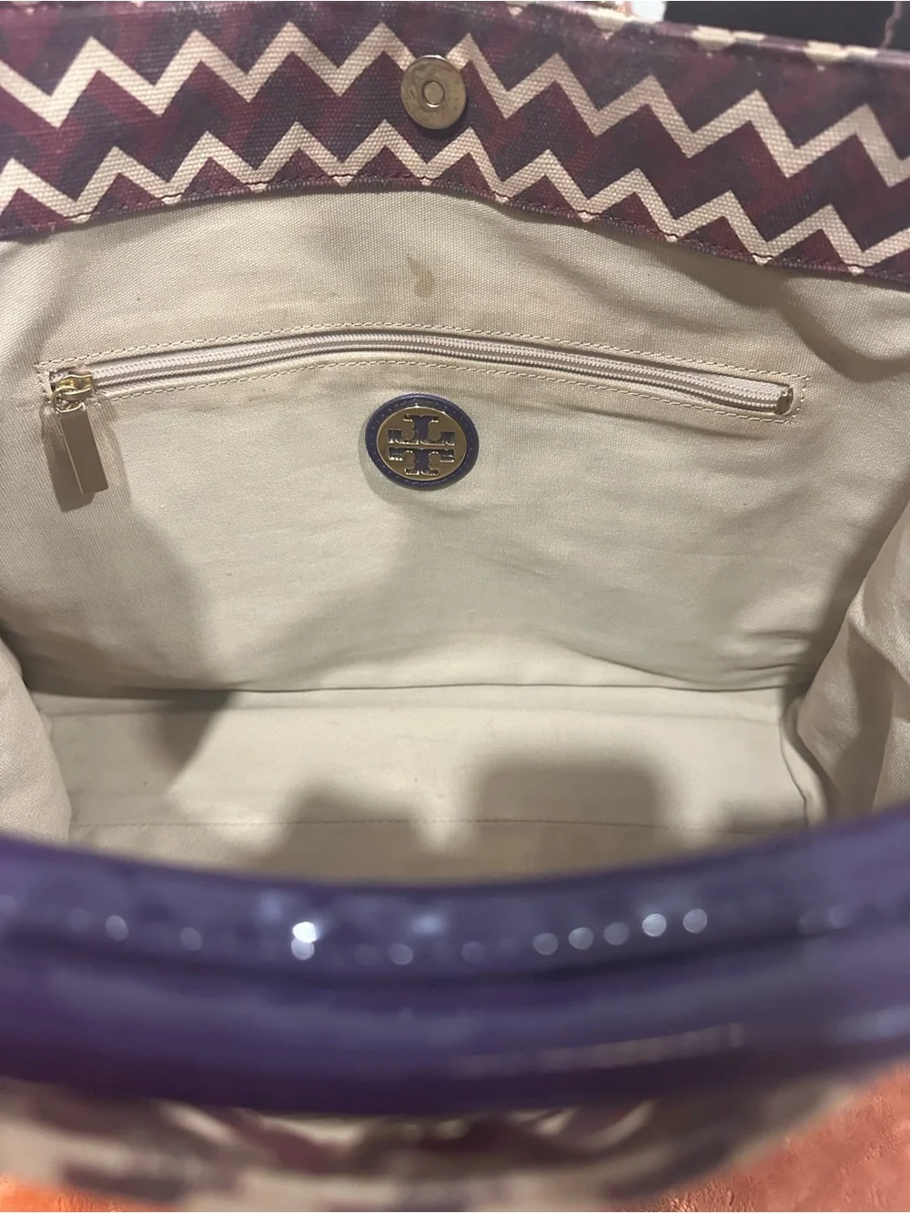Tory Burch Purple Chevron Canvas Tote with Patent Trim